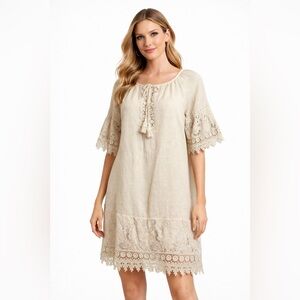 Katina Design Italiano Linen Cotton Boho Lace Tunic Dress Cream